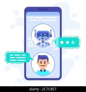Communication avec le robot de chat. Smartphone chat avec conversation bot, assistant de chat bot à l'écran de téléphone portable, robots illustration de vecteur de dialogue sms Illustration de Vecteur
