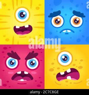 Expressions monstres amusantes. Halloween mignonne créatures muzzle, effrayant visage monstre, extraterrestre créature mascottes faire des visages vecteur illustration ensemble Illustration de Vecteur