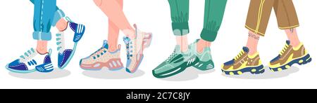 Jambes dans les baskets. Jambes de femme ou de sexe masculin portant des baskets modernes, jambes de personnes dans des baskets de mode, chaussures de sport stylées illustration vectorielle Illustration de Vecteur