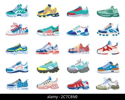 Baskets modernes. Chaussures de course à pied, chaussures d'entraînement, baskets de sport, chaussures de sport modernes, ensemble d'icônes d'illustration vectorielles isolées Illustration de Vecteur
