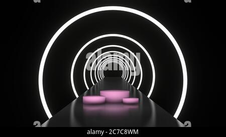 Tunnel de lignes luminescentes de fond abstrait, lumières néon, portail circulaire blanc, plate-forme rose vierge pour produit d'affichage. Image de rendu 3D Banque D'Images