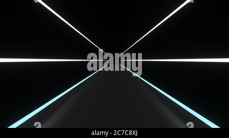 Lignes lumineuses de fond abstraites tunnel, lumières néon blanches et bleues. Image de rendu 3D Banque D'Images