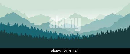 Panorama sur les montagnes. Forêt montagne chaîne paysage, bleu montagnes n crépuscule, camping nature paysage silhouette illustration vectorielle Illustration de Vecteur