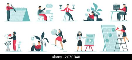 Organisation de la gestion du temps. Planification des tâches de travail de bureau, productivité de travail, calendrier, productivité des employés de bureau ensemble d'illustrations isolées Illustration de Vecteur