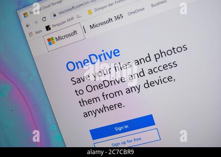 Page d'accueil du site Web One Drive sur l'écran de l'ordinateur. One Drive est un navigateur Web développé par Microsoft Corporation. Bekasi, juillet 16 2020 Banque D'Images