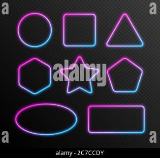Ensemble de cadres de dégradé de néon, collection de bordures brillantes bleu-rose isolées sur un fond sombre. Illustration de Vecteur