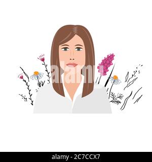 Magnifique portrait de jeune femme d'affaires sur fond de fleurs sauvages. Concept d'auto-amélioration. Personnage femelle, illustration vectorielle isolée dans un dessin animé Illustration de Vecteur