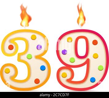 Trente-neuf ans anniversaire, 39 numéro en forme de bougie d'anniversaire avec feu sur blanc Illustration de Vecteur