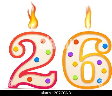 Vingt-six ans anniversaire, 26 numéro en forme de bougie d'anniversaire avec feu sur blanc Illustration de Vecteur