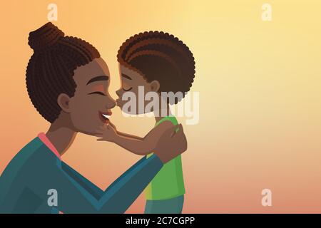 Mignon petit noir africain américain garçon kises sa bonne mère dessin animé illustration vectorielle Illustration de Vecteur