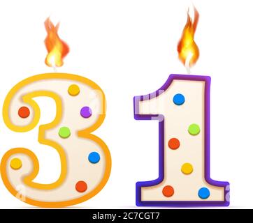 Trente et un ans anniversaire, 31 numéro en forme de bougie d'anniversaire avec feu sur blanc Illustration de Vecteur