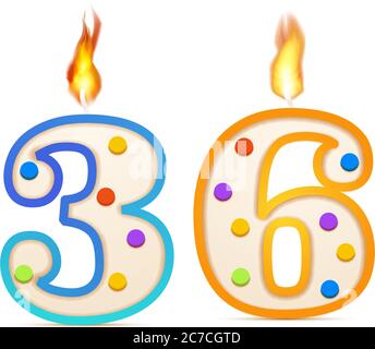 Trente-six ans anniversaire, 36 numéro en forme de bougie d'anniversaire avec feu sur blanc Illustration de Vecteur