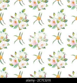 Motif sans couture. Fleurs et fruits des hanches roses Aquarelle. Illustrations de fleurs. Bouquets bohémiens de fleurs, couronnes, compositions de mariage Banque D'Images