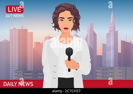 Une femme de presse rapporte des informations de dernière minute. Illustration du vecteur d'actualités. Concept de médias à la télévision. Illustration de Vecteur