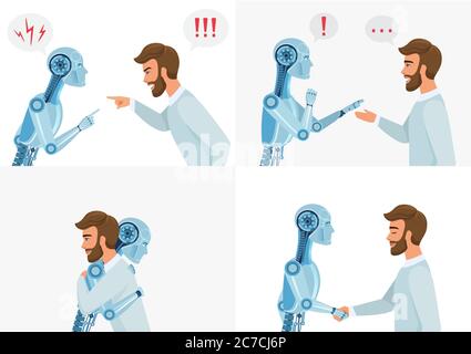 Concept d'interaction de l'intelligence Artific. Humain et robot. Communication robot humaine et moderne. Illustration vectorielle de la technologie métier concept Illustration de Vecteur