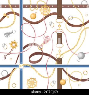 Motif sans couture avec chaînes, anneaux et bijoux accessoire doré illustration vectorielle Illustration de Vecteur