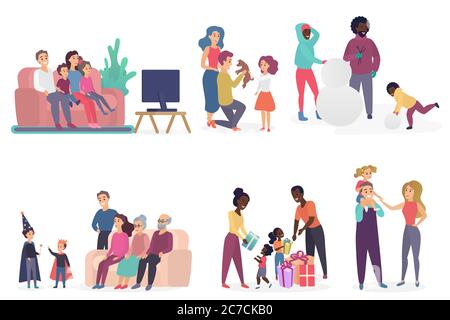 Les membres de la famille passent du temps ensemble. Parents et enfants regardant la télévision, parlant, jouant, célébration d'anniversaire. Illustration vectorielle plate Illustration de Vecteur