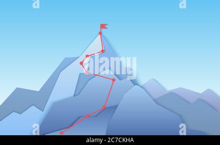 Parcours d'escalade vers le paysage de pointe. En grimpant sur une route pointue jusqu'à un haut de montagne en papier superposé. Illustration du vecteur de progression de l'entreprise vers le pic de réussite Illustration de Vecteur