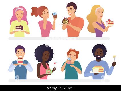 Des gens heureux mangeant de la tarte et des gâteaux ensemble. Illustration vectorielle de dessin animé homme et femme de Sweet-tooth Illustration de Vecteur