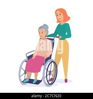 Femme travailleur social sur une promenade avec une grand-mère handicapée dans une illustration vectorielle plate de fauteuil roulant Illustration de Vecteur