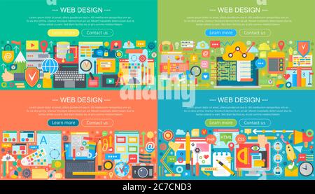 Web design horisontal plat concept bannières ensemble. Services et applications pour téléphones mobiles, conception Web, développement d'applications, illustration vectorielle de programmation visuelle Illustration de Vecteur