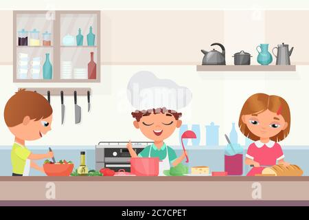 Joyeux petits enfants mignons les enfants cuisent de délicieux aliments dans la cuisine. Un chef garçon dans un chapeau de cuisinière tient une soupe de cuisson de louche, fille coupe le bâton, enfant dans un tablier prépare une illustration de vecteur de salade Illustration de Vecteur