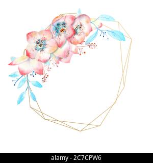 L'hellébore rose fleurit sur un polygone géométrique sur un fond blanc isolé. Compositions aquarelles pour la décoration de cartes de vœux ou Banque D'Images