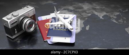 Photo appareil photo et documents de voyage sur fond de carte du monde, espace de copie, bannière. Photographie de voyage, concept d'accessoires de vol. illustration 3d Banque D'Images