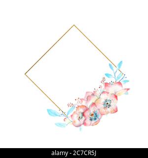 Fleurs hellébore roses en forme de diamant de forme dorée sur fond blanc isolé. Compositions aquarelles pour la décoration de cartes de vœux ou Banque D'Images