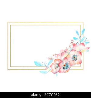 Fleurs hellébore roses rectangulaires en forme d'or sur fond blanc isolé. Compositions aquarelles pour la décoration de cartes de vœux ou Banque D'Images