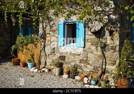 Gros plan d'une fenêtre en bois ouverte sur un mur recouvert de feuilles d'arbres et de plantes à Symi, Grèce Banque D'Images