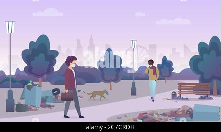 Sentir les déchets des décharges avec des gens mécontents dans des masques dans la rue défavorisée de la ville. Mise en forme de l'illustration vectorielle du concept de parc naturel vert Illustration de Vecteur