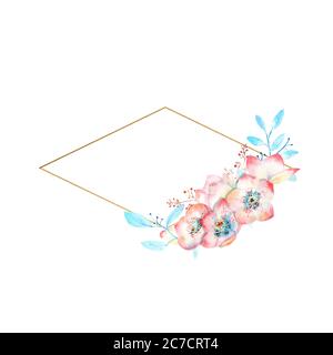 Fleurs hellébore roses en forme de diamant de forme dorée sur fond blanc isolé. Compositions aquarelles pour la décoration de cartes de vœux ou Banque D'Images
