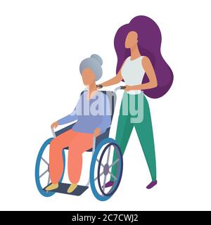 Jeune femme travailleur social bénévole s'occupant de la vieille femme handicapée en fauteuil roulant illustration vectorielle Illustration de Vecteur