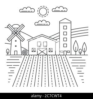 Bannière de la ferme - paysage de la ferme avec les éléments de contour des produits écologiques et biologiques. Illustration vectorielle en style art au trait. Illustration de Vecteur