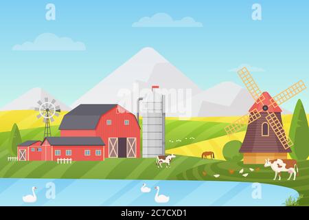 Agriculture, comptabilité et agriculture vecteur d'illustration concept. Paysage de dessins animés rural avec animaux et bâtiments Illustration de Vecteur