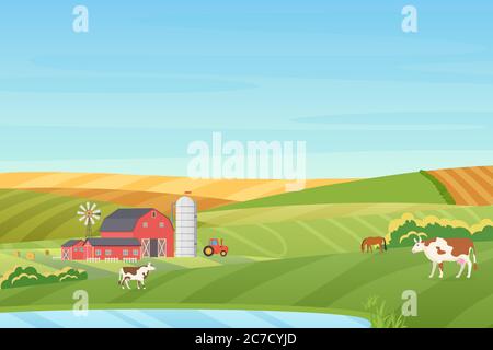 Été temps chaud ferme paysage de campagne avec éco cottage, grange, moulin à vent, tracteur, tour d'ensilage, vache, cheval, vert et orange champs près de l'illustration bleu propre lac plat vecteur Illustration de Vecteur