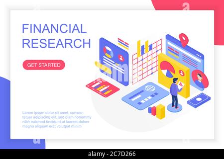 Recherche en gestion financière, solution d'affaires, analyse d'investissement financier illustration 3d vectorielle isométrique. Personnes qui interagissent avec des graphiques d'écran virtuel et analysent des statistiques Illustration de Vecteur