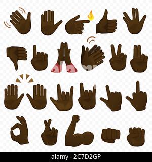 Ensemble d'icônes et de symboles noirs noirs noirs des mains afro-américaines. Icônes de main emoji. Différents gestes de dessin animé, mains, signaux et signes définissent l'illustration vectorielle Illustration de Vecteur