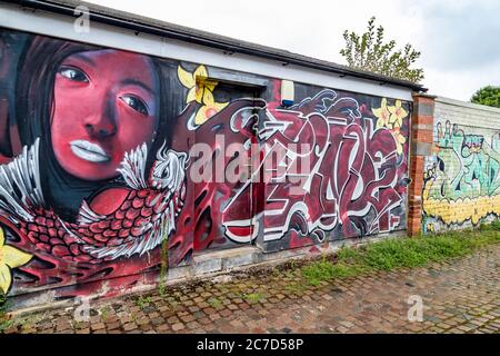 Ruelles arrière non entretenues et sales entre les propriétés résidentielles l'arrière de la route Ardington et Loyd, région d'Abington de Northampton, Angleterre, Royaume-Uni. Banque D'Images
