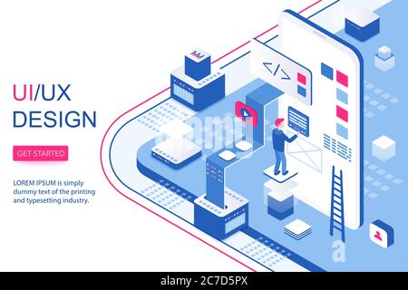 Concept d'infographie de conception UI UX. Logiciel d'application mobile et contenu visuel 3d isométrique page de renvoi modèle de page illustration vectorielle Illustration de Vecteur