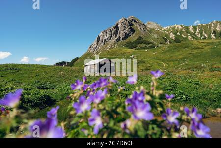 Ancienne et isolée cabine de belles montagnes des Alpes. La vieille maison a l'air un peu effrayante. L'endroit idéal pour filmer. Atmosphère de Moody Banque D'Images