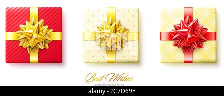 Ensemble de boîtes cadeaux avec des noeuds et des rubans dorés et rouges isolés sur fond blanc Illustration de Vecteur