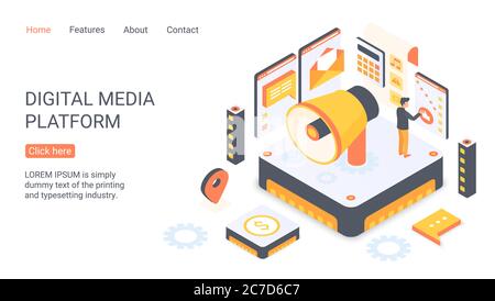 Modèle de vecteur isométrique de la page de renvoi de la plate-forme multimédia numérique. Réseau en ligne. Médias sociaux, concept 3d de l'application de communication. Discussion, publipostage. Partage de contenu, mise en page de la page d'accueil du site Web de blog Illustration de Vecteur