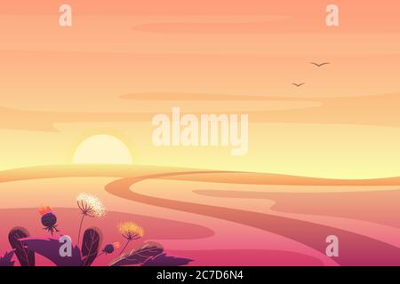 Magnifique coucher de soleil ou lever de soleil d'été, paysage de champs d'automne avec rose orange colline rouge. Illustration vectorielle de bannière de style plat de dessin animé de fond de pays Illustration de Vecteur