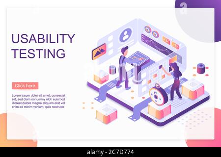 Test d'utilisabilité modèle vectoriel de page de renvoi isométrique. Optimisation du site Web et services de personnalisation mise en page de la conception de page Web. Expérience utilisateur, interface utilisateur, UX. App, concept 3d de développement de logiciel Illustration de Vecteur