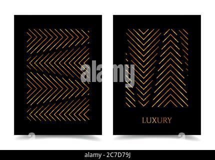 Arrière-plan abstrait avec flèches dorées sur un noir. Design moderne de la housse. Affiche de luxe. Rayures dorées brillantes. Illustration de Vecteur