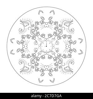 Des têtes de chat originales autour d'une horloge, avec des pattes de chat. Page de coloriage Mandala. Vecteur. Illustration de Vecteur