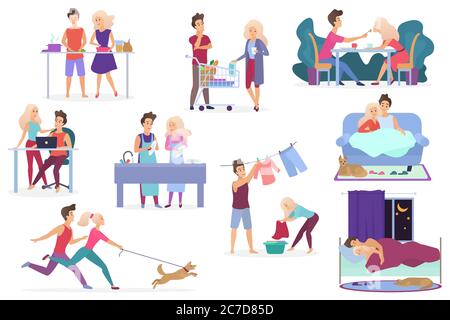 Ensemble d'activités de couple amoureux de vecteur. Cuisine, shopping, dîner, travail, détente, regarder un film, soirée romantique ensemble, laver les vêtements, marcher avec un chien, dormir Illustration de Vecteur