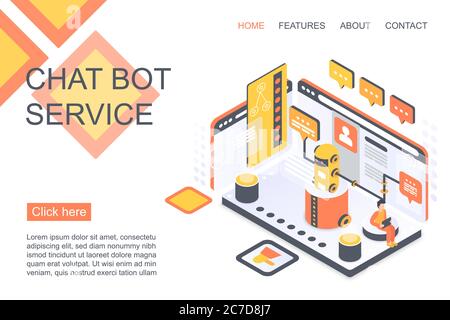 Modèle de page de renvoi de vecteur isométrique de service de robot de chat. Plan de conception du site Web du service clientèle. Assistant virtuel client, concept 3d de page Web d'opérateur de robot. Interface de page Web de technologie ai Illustration de Vecteur